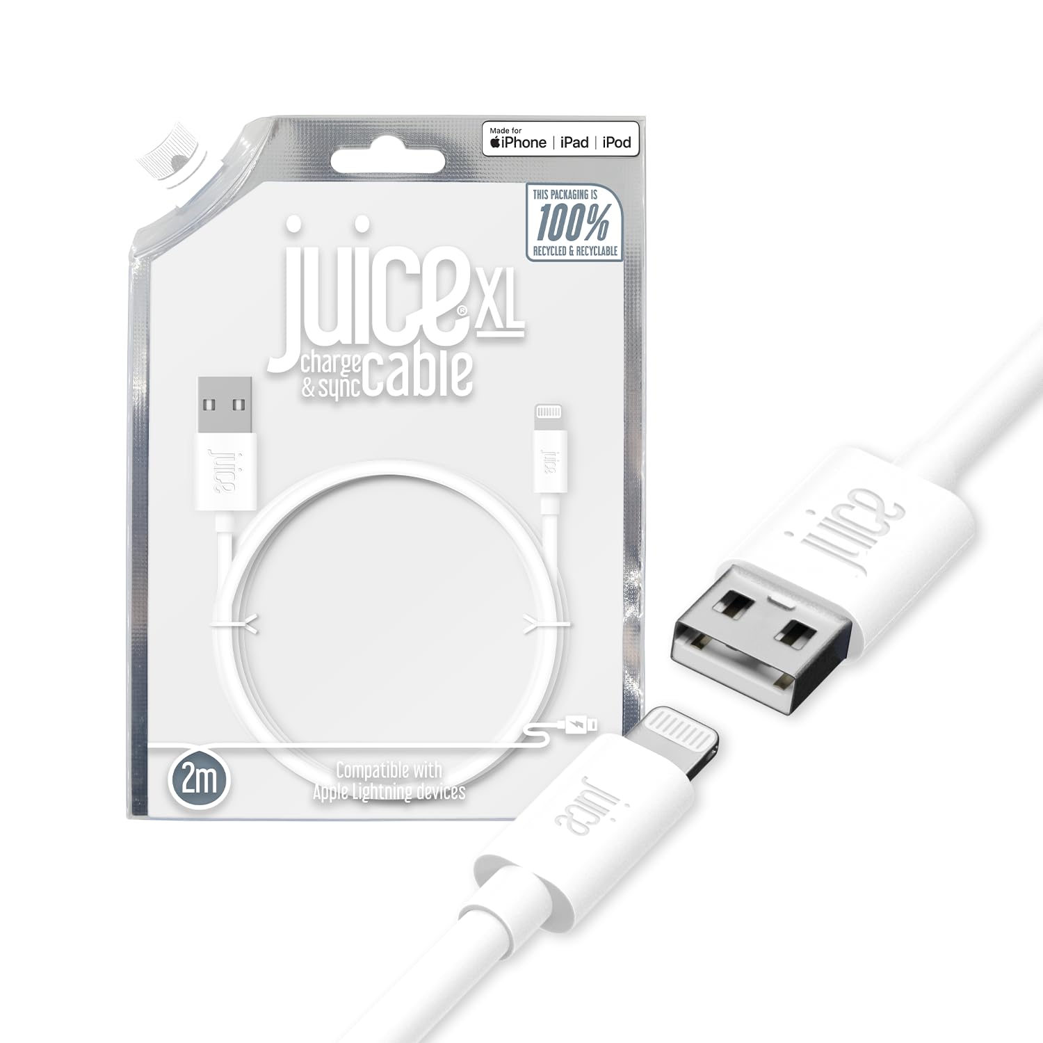 Juice Apple iPhone Lightning 2 m Charger and Sync Cable for Apple iPhone 13, 13 Pro, 12, 12 Mini, SE, 11, XS, XR, X, 8, 7, 6, 5, iPad, Pro, Air, Mini, Airpods Pro - White