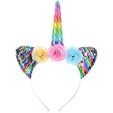OIUUBBII Unicorn Horn Headband with Glitter Ears Flowers Hair Hoop Sparkly Unicorn Hairband