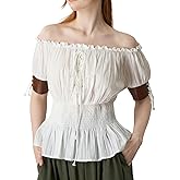 YESSA Women Renaissance Shirt,Victorian Off Shoulder Peasant Blouse,Pirate Short Sleeve Smocked Tops,Ren Faire Costumes