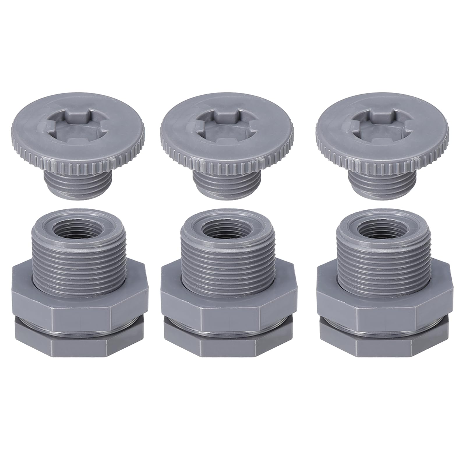 PATIKIL PVC Bulkhead Fitting with Plug NPT1/2, 3 Pack Bulkhead Water Tank Connector with Silicone Seal Gasket Garden Hose Fitting with Plug for Rain Bucket, Sinks, Aquariums, Gray