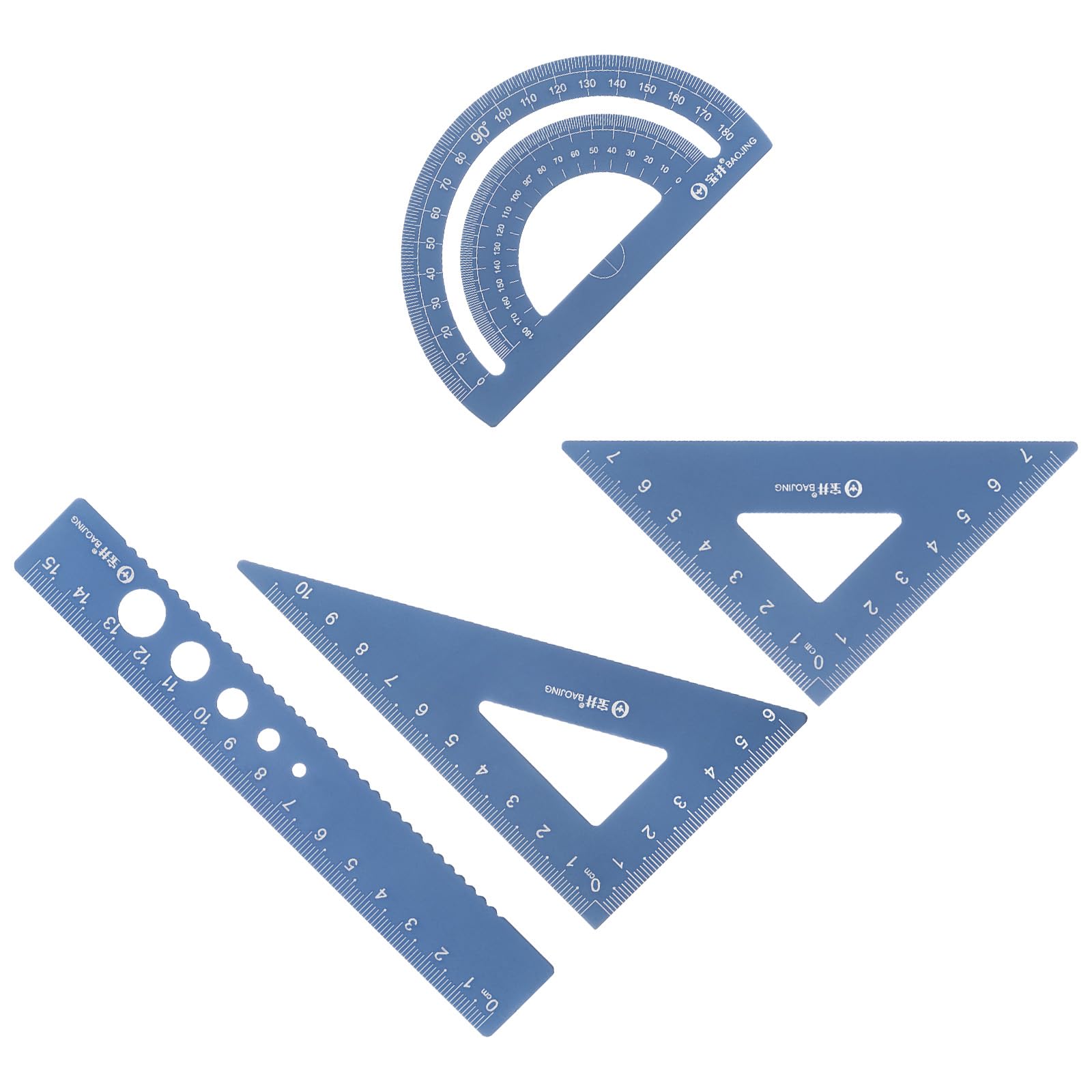 Kozelo 4pcs Geometry Set - [15cm Ruler] Aluminum Alloy Hollow Laser Engraving Math Set Dark Blue for Office Classroom Use, 180 Degree Protractor 7cm Triangle 10cm Triangle