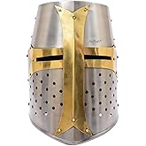 AnNafi® Brass Crusader Helmet | Medieval Metal Knight Helmets | PREMIUM QUALITY with Fitted LEATHER LINER | Dark Crusades Helmet Wearable for Adult | Medieval Costumes