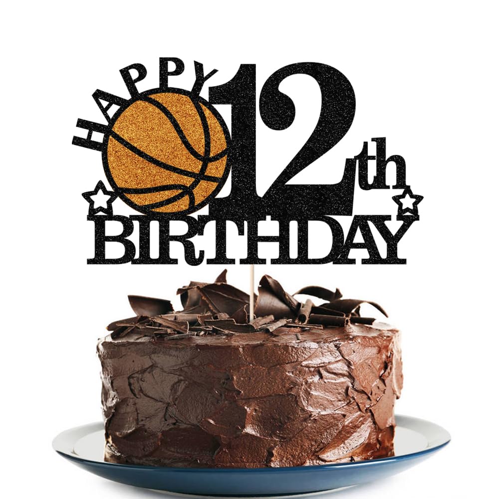 Photo 1 of Basketball 12th Happy Birthday Cake Topper - Black Glitter Basketball Party Decorations Supplies, Perfect for Birthday/Basketball/SportTheme Party, Photo Booth Props (12)