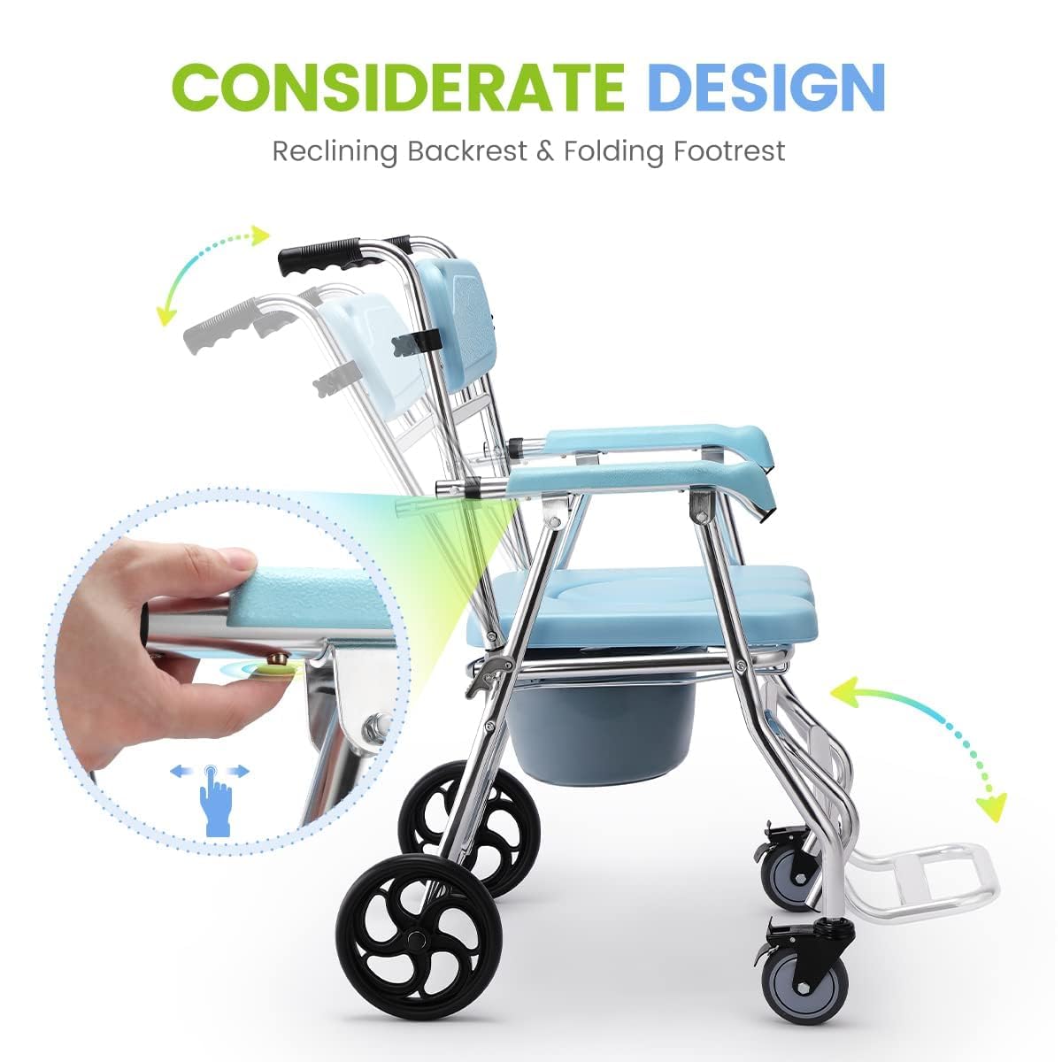 OasisSpace Folding Shower Commode Wheelchair - 300lbs Bedside Commode with Padded Seat, Waterproof Rolling Shower Chair with Arms and Backrest, Shower Chair with Wheels (FSA or HSA Eligible)