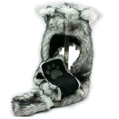 White Wolf Animal Hoods Hat, Mittens, Gloves, Scarf Paws Prints and Ears, Furry Hoodie