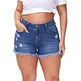 Gocolloa Women Plus Size Jean Shorts Sexy Stretchy High Waisted Frayed Raw Hem Denim Shorts