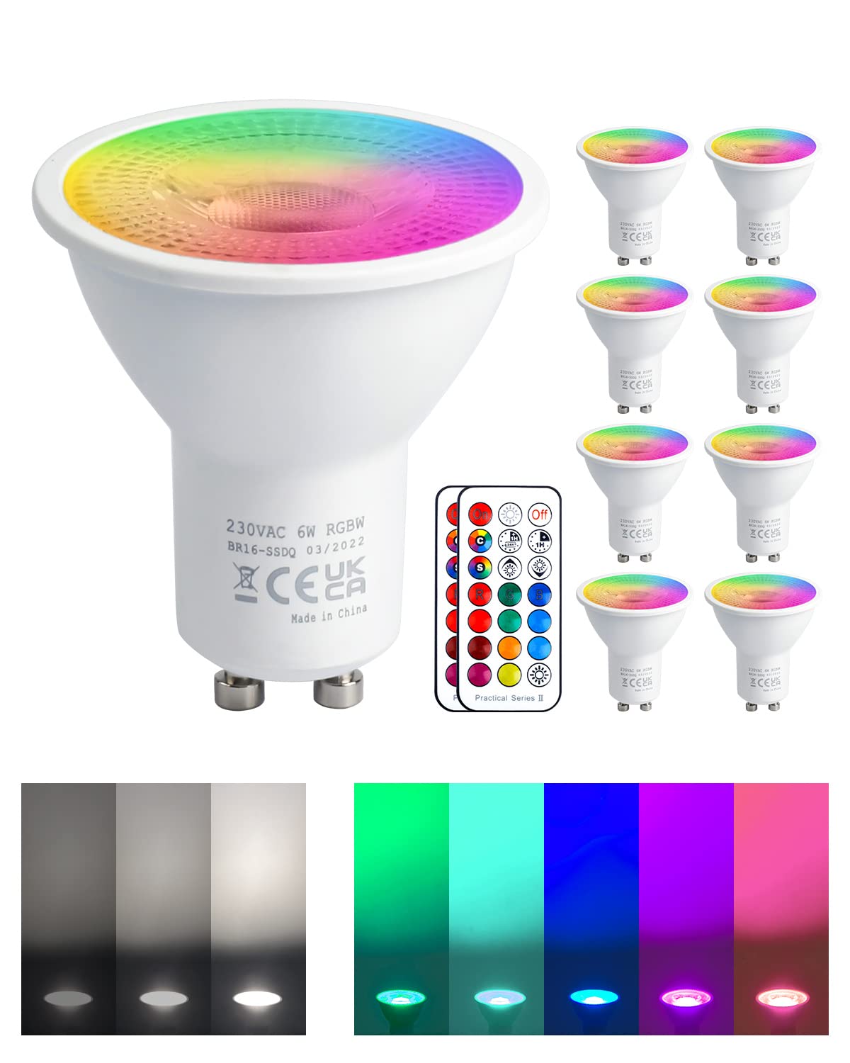 REYLAX GU10 Colour Changing LED Bulbs Dimmable 50 Watt Equivalent with Remote 5W GU10 Spotlight Cool White 12 Colours RGBW Spot Lights 5 Modes Timer for Atmosphere and Daily Lighting Pack of 8