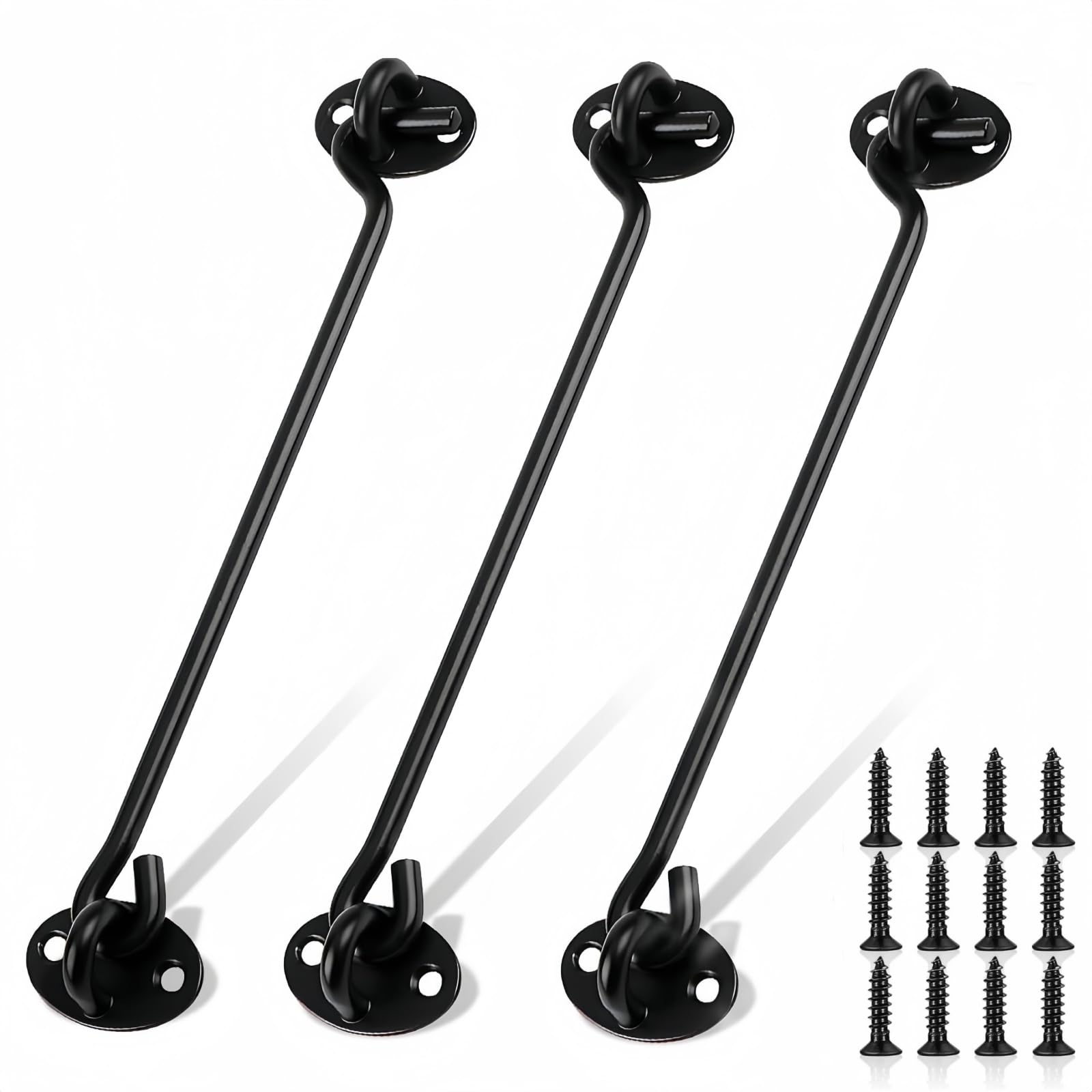 YUNSHANGHT 3 Pack 10 inch Hook and Eye Latch,Cabin Hooks Stainless Steel Door Lock Hook,Black Metal Doors Latch with Mounting Screws for Internal Doors Hooks to Keep Door Open