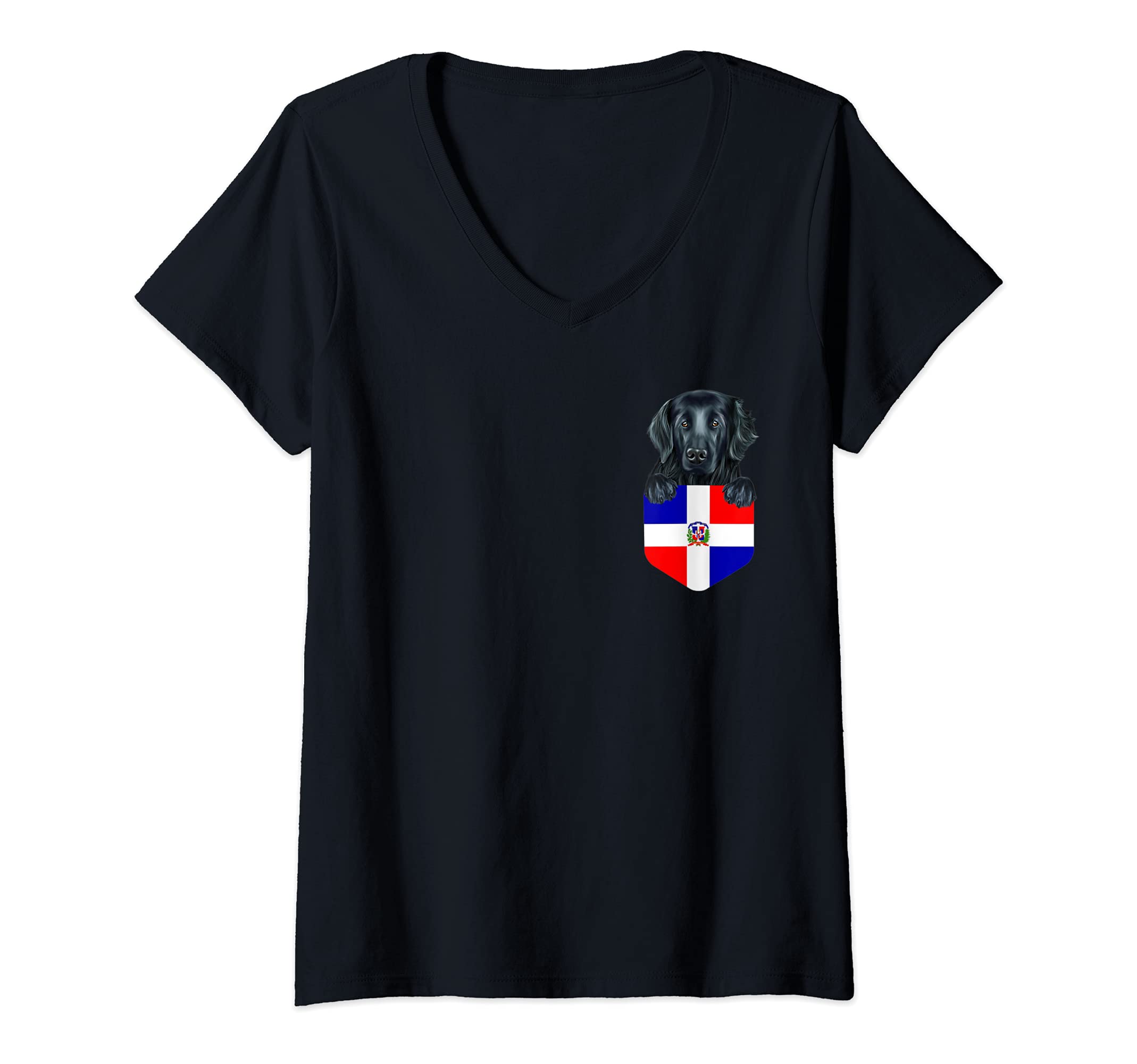 Womens Dominican Republic Flag Flat-Coated Retriever Dog In Pocket V-Neck T-Shirt