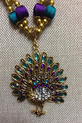 Purple and Green Silk Thread Set with Peacock Pendant and Earrings