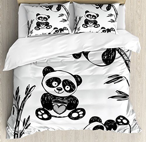 Ambesonne Arrow Duvet Cover Set Queen Size, Cheerful Panda Different Poses with Bamboo Branch Children Painting Kids Art Print Theme, A Decorative 3 Piece Bedding Set with 2 Pillow Shams, Black White