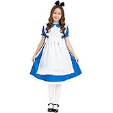 ZUADOKL Halloween Costumes for Girls, Puff Sleeve Blue Dress, White Apron with Bow Hair Band and Stockings for Cosplay Party