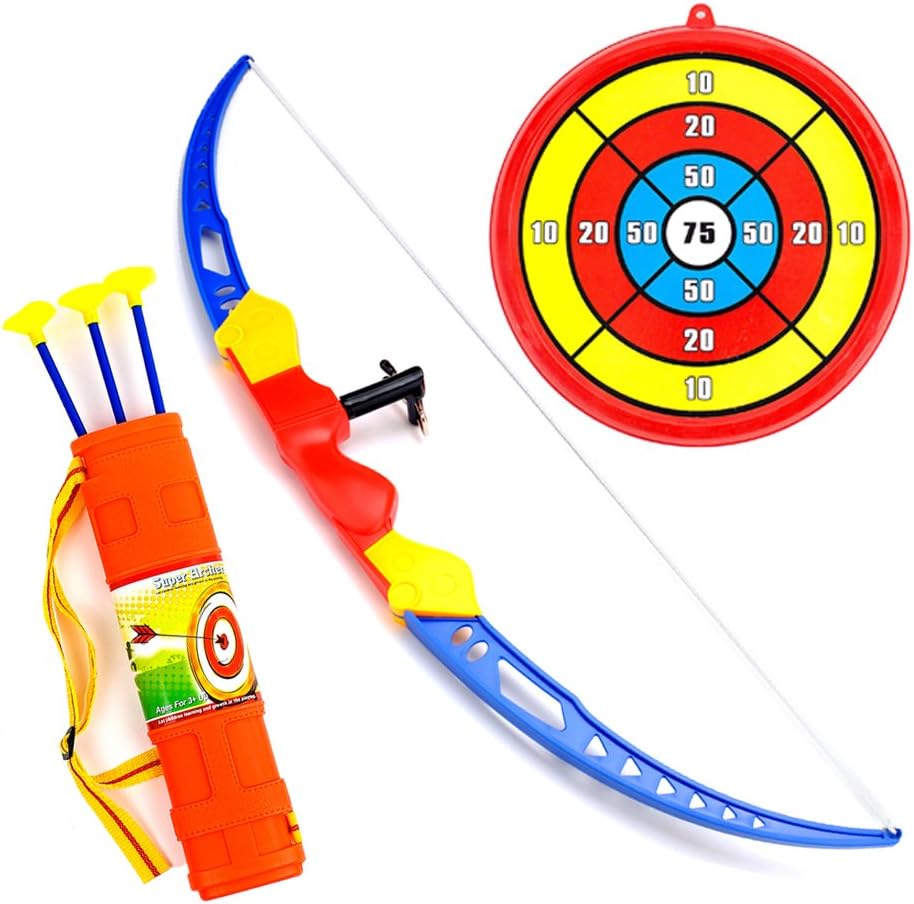 WenToyce Archery Set for Kids, Toddler Action Bow Arrow Kit with Target, Shoulder Strapped Quiver and 3 Suction Cup Arrows, Safe Shooting Hunting Competition Game for Garden Park Fun