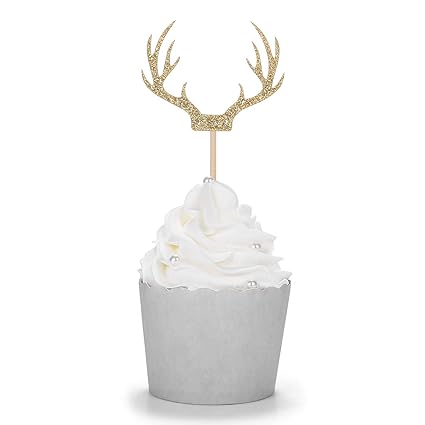 24 Counts Gold Deer Antler Cupcake Toppers Picks For Wedding Birthday Baby Shower Party Decorations Supplies