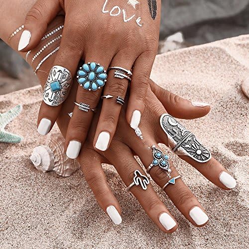 9Pcs/ turquoise Bohemian Ring Set Vintage Steampunk Cross flowers Anillos Ring Knuckle Rings
