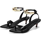 Coutgo Womens Low Kitten Heels Sandals Strappy Pointed Open Toe One Strap Metal Summer Dress Shoes