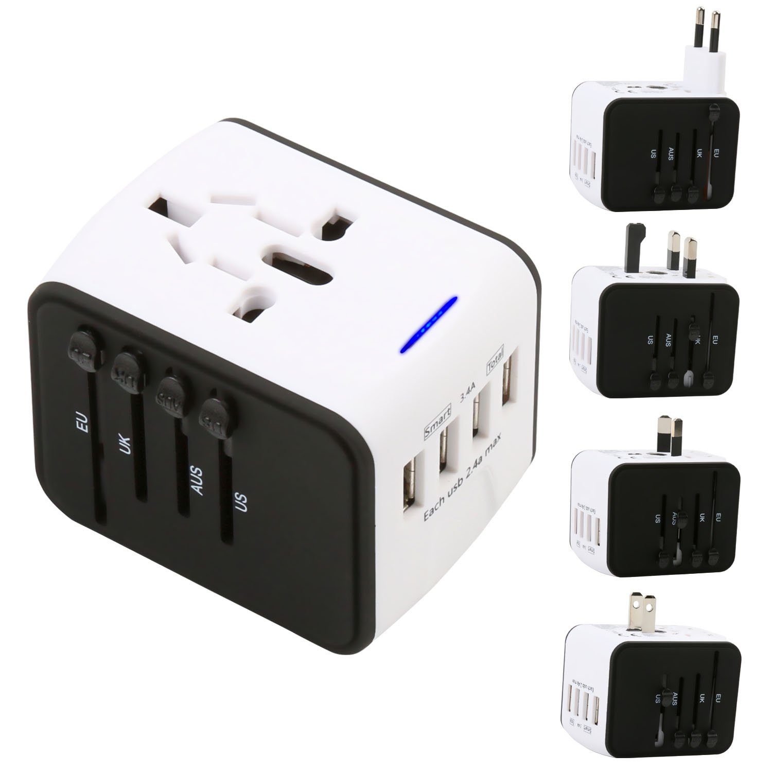 Universal Travel Adapter - 4 USB 3400mA MAX Wolrd Travel Adapter for iPhone iPad Laptop Android Phone Shaver Cameras etc - Plug Adapter Charger for US UK EU AU etc - Covers over 150 Countries (White)