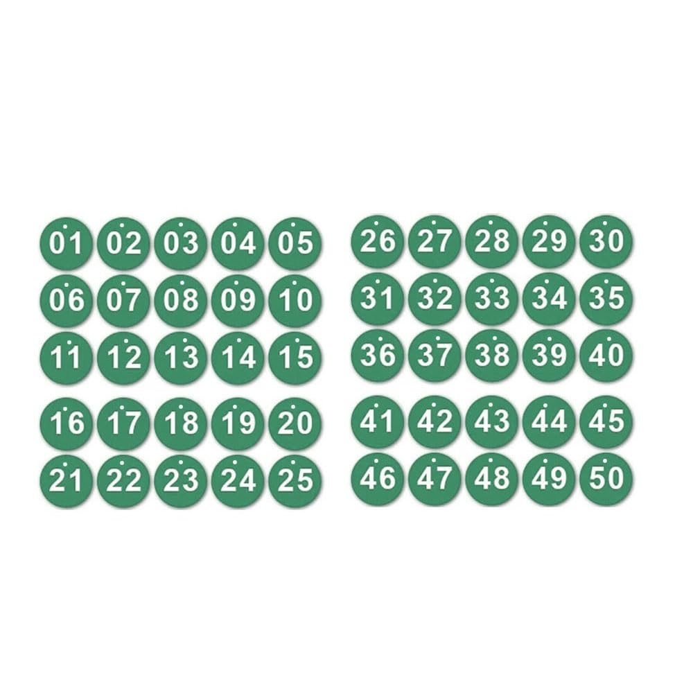 50Pcs Engraved Number Discs, 1-50 Plastic ID Number Tags Table Numbers Key Tags for Lockers Party Restaurants Clubs Hotel (Green)