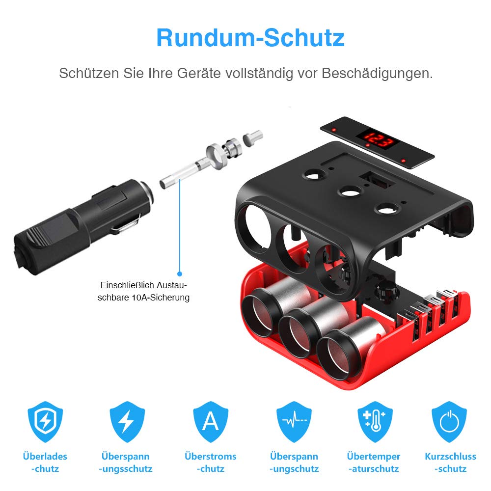 Auto Ladegerät Adapter, SONRU 3 Fach KFZ Zigarettenanzünder Verteiler mit 4 USB Ports, 120W 12V/24V DC Mehrfach Steckdose Splitter mit LED Voltmeter Getrennte Schalter für GPS/Dash Cam/Telefon 2