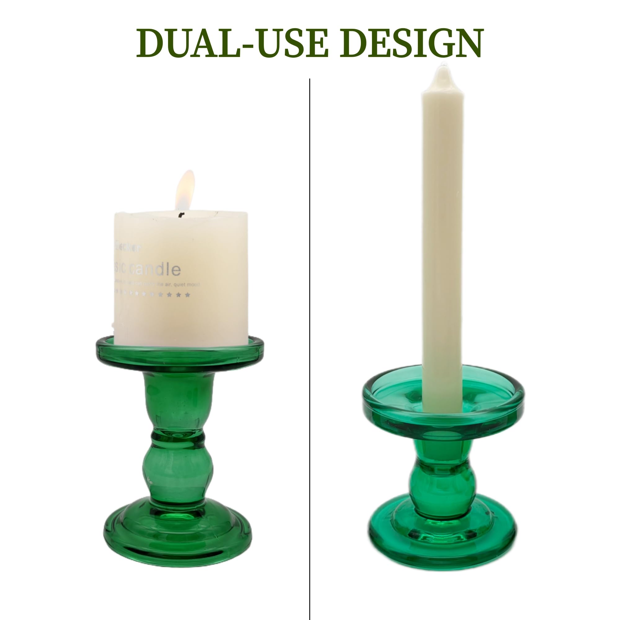 Green Glass Candle Holders Set of 3 Clear Candlestick Holders Vintage Candle Stands for Pillar Taper Candle Tealight Home Decor Table Centerpieces Christmas, Candleholder Sets with 4 Pcs Taper Candles