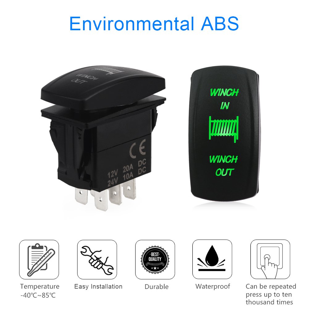 WATERWICH 7 pin Momentary Winch In Out Rocker Toggle Switch Waterproof DC 20A 12V/10A 24V Black Shell/ON-OFF-ON DPDT illuminated Rocker Switch For Auto Truck Boat Marine Off Road (Green)
