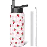 Sabobo Strawberry Gifts 18oz Sport Water Bottle with Flip Straw & Spout Lid, Pastel Plaid Stainless Steel Insulated Gym Water Bottle, Cute Fruit Lover Gifts for Women Girls (1 PC)
