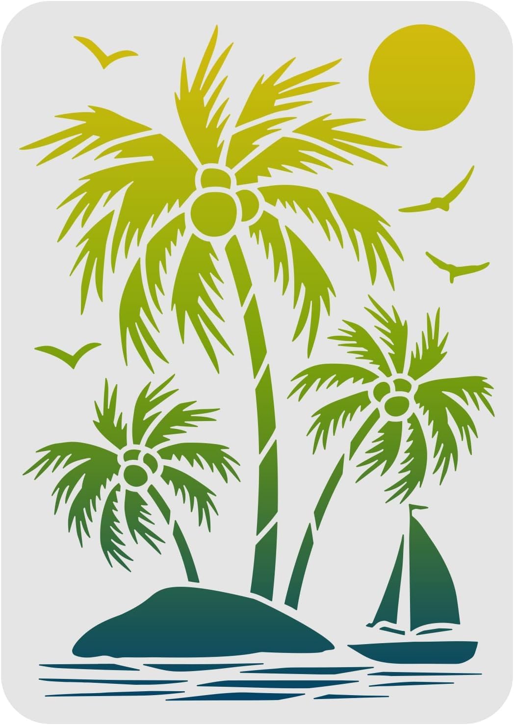 FINGERINSPIRE Palm Trees Stencils 29.7x21cm Plastic Island Sailboat Drawing Painting Stencils Sun Geese Pattern Wall Stencils Reusable Stencils for Painting on Wood, Floor, Wall and Tile