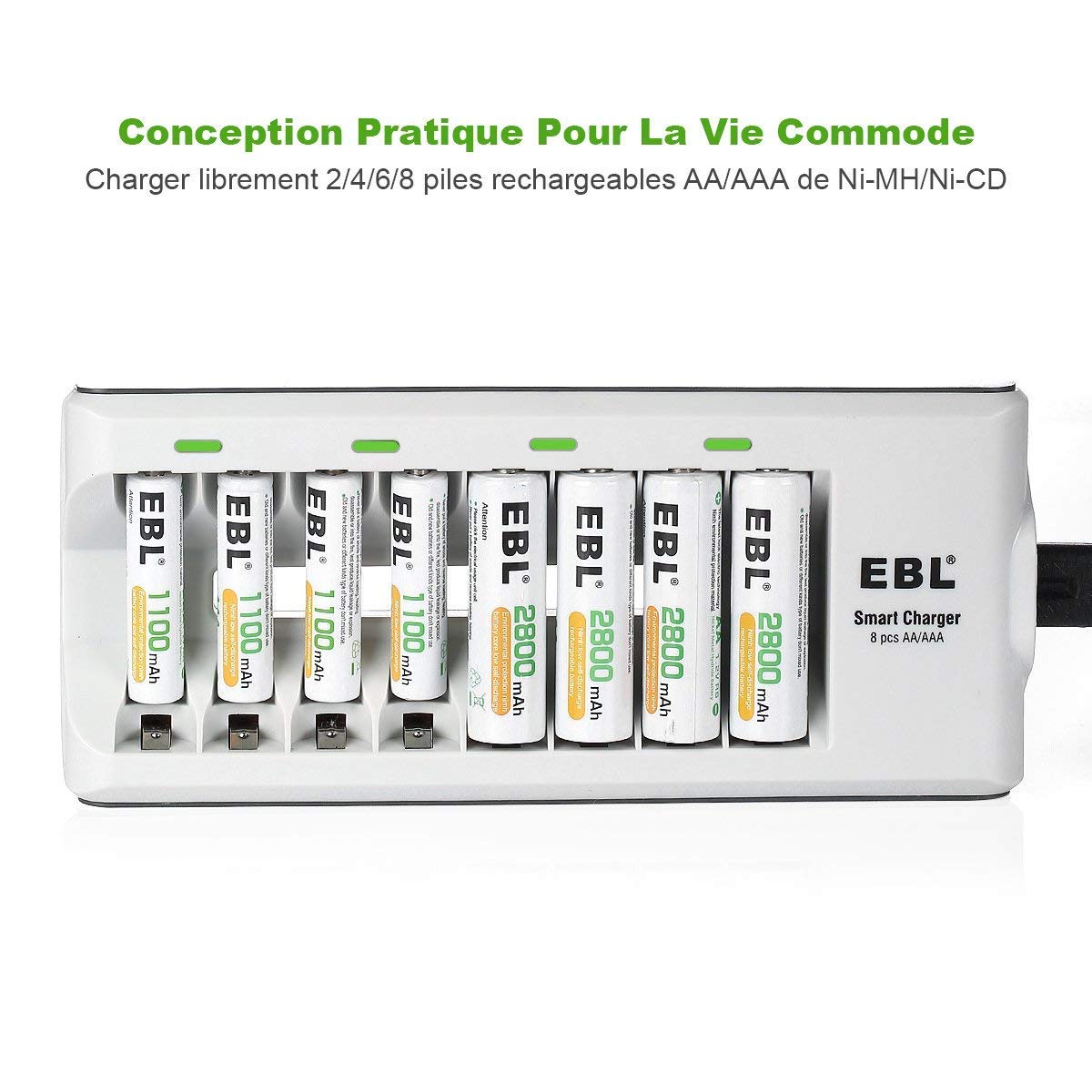 EBL Chargeur de Piles AA AAA 8 Slots avec Piles Rechargeables Ni-MH [4 pcs] AA 2800mAh et [4 pcs] AAA 1100mAh
