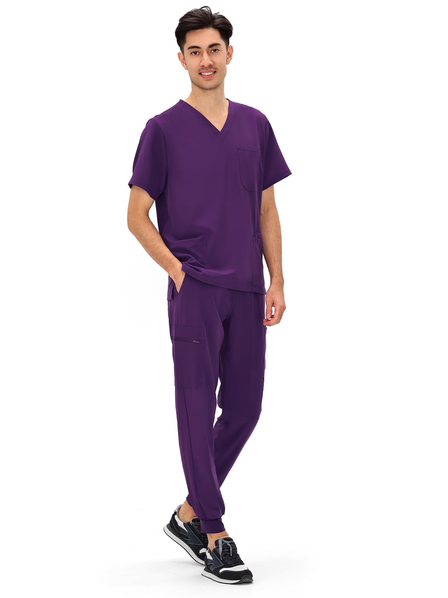 COZYFIT Scrubs for Men - 4 Pockets V-Neck Scrub Top and 7 Pockets Jogger Pants Mens Scrubs Set, Purple, S Image