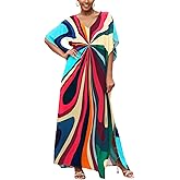 IMAGEKOPE Moroccan Print V-Neck Batwing Kaftan Women's Plus Size Loose Fit Beach Dress Bathing Suit Cover Up Loungewear