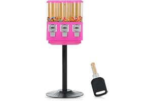 GUMBBLES Candy Vending Machine with Stand for Business and Home - Triple Coin Operated Vending Machine Using Quarters - Commercial Gumball Machine with Stand for Sale Use for Gumballs Toys Capsules (Pink)
