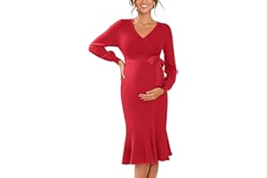 V FOR CITY Maternity Sweater Dress for Baby Shower Party Wrap V Neck Puff Sleeve Tie Waist Pleated Midi Dresses