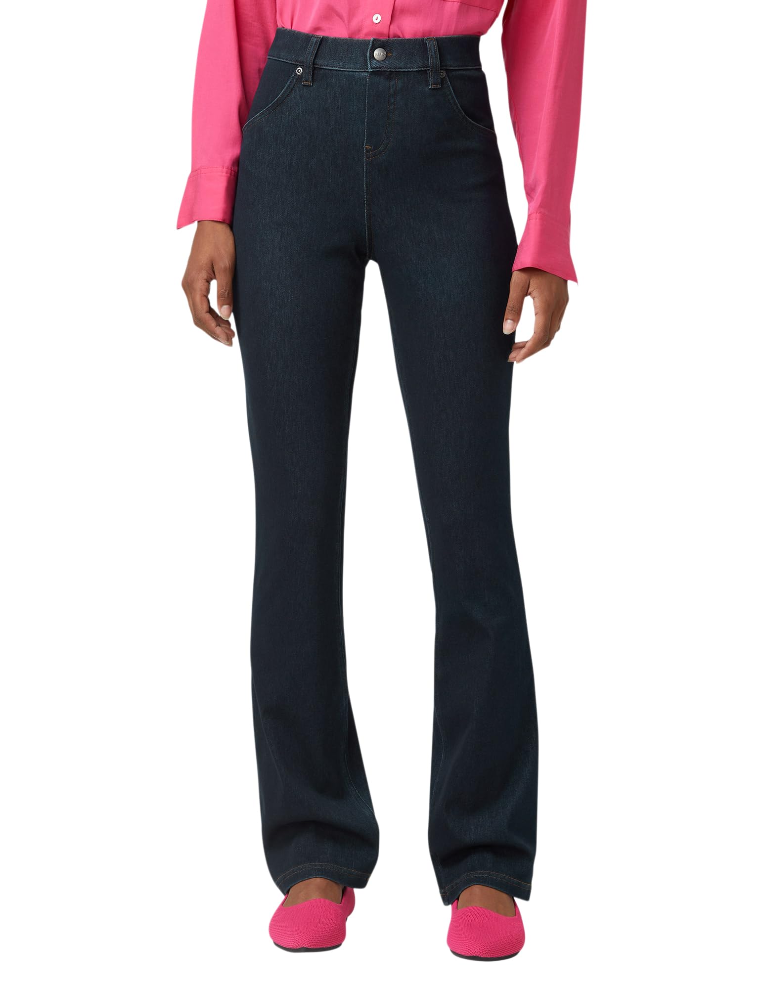 HUE Women’s Ultra Soft High Waist Denim Baby Bootcut Leggings, Black Indigo Wash, Small
