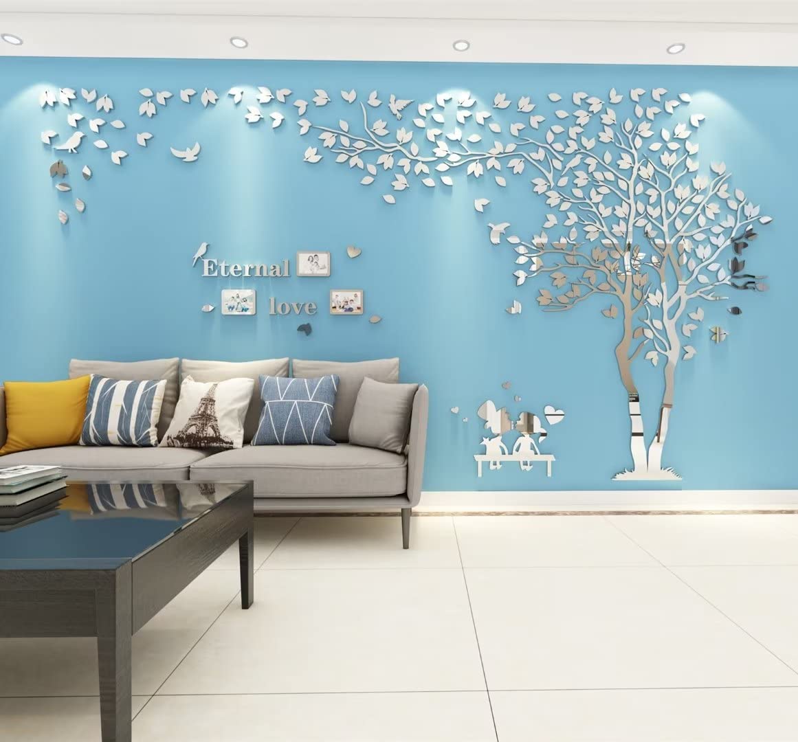 3D Tree Wall Stickers DIY Tree Bird Wall Decal Large Family Photo Frames Art Murals Tree Sticker for Living Room Bedroom Restaurant Home Decor(Silver Right,M:130 * 250cm)
