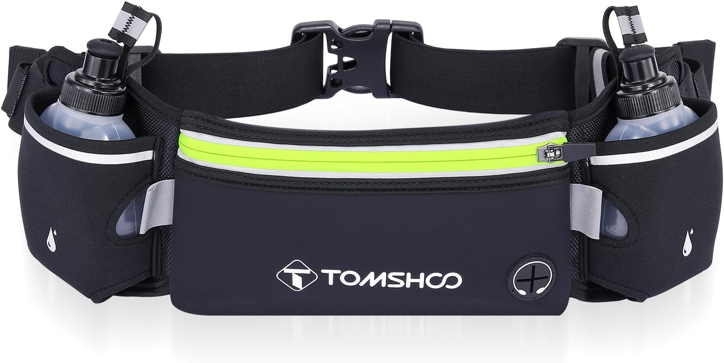 TOMSHOO Running Waist Bag, Running Belt with Water Bottles(2 x 200ML), Hydration Belt Waterproof Waist Pack Bag, Adjustable Sports Waist Pouch for Marathon Running Hiking Cycling