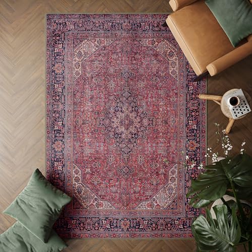 artyrugs Machine Washable Rug, 152x213cm, 75% Recycled Cotton, Short Pile, Non-Slip Backing, Non-Shedding, Suitable for Living Room, Bedroom, Kitchen, Hallway, Office, Aesthetic Crimson Red