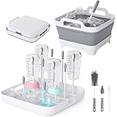 Volnamal Collapsible Wash Basin for Baby Bottles - Portable 2.4 Gallon Dish Tub with Drying Rack & Lid, Foldable Sink for Cam