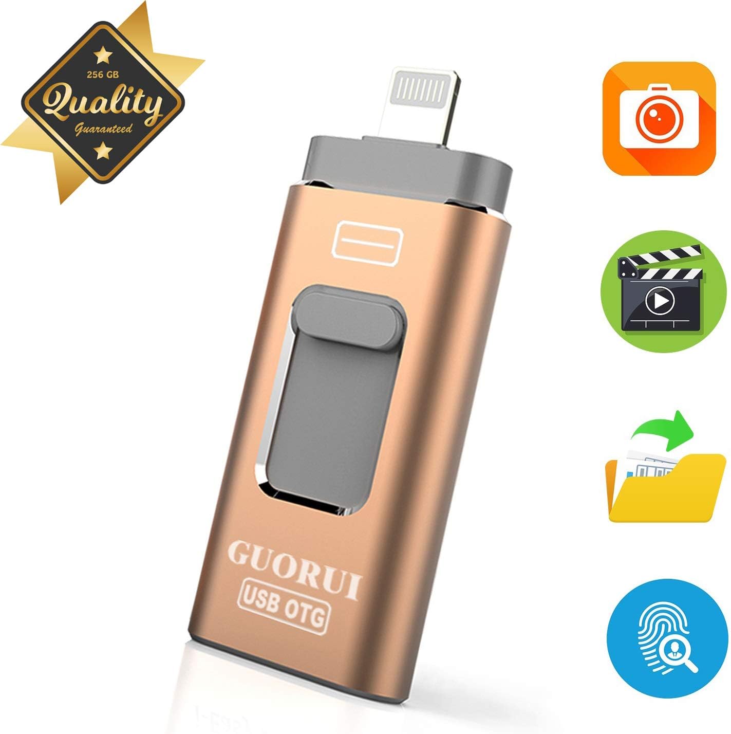 USB Flash Drive 256GB for iPhone Photo Stick backup iPhone Memory Stick External Storage Thumb Drive for iPhone 11 Pro X XR XS MAX 6 7 8 Plus iPad Pro PC Android Password Touch ID Protected Flash Gold