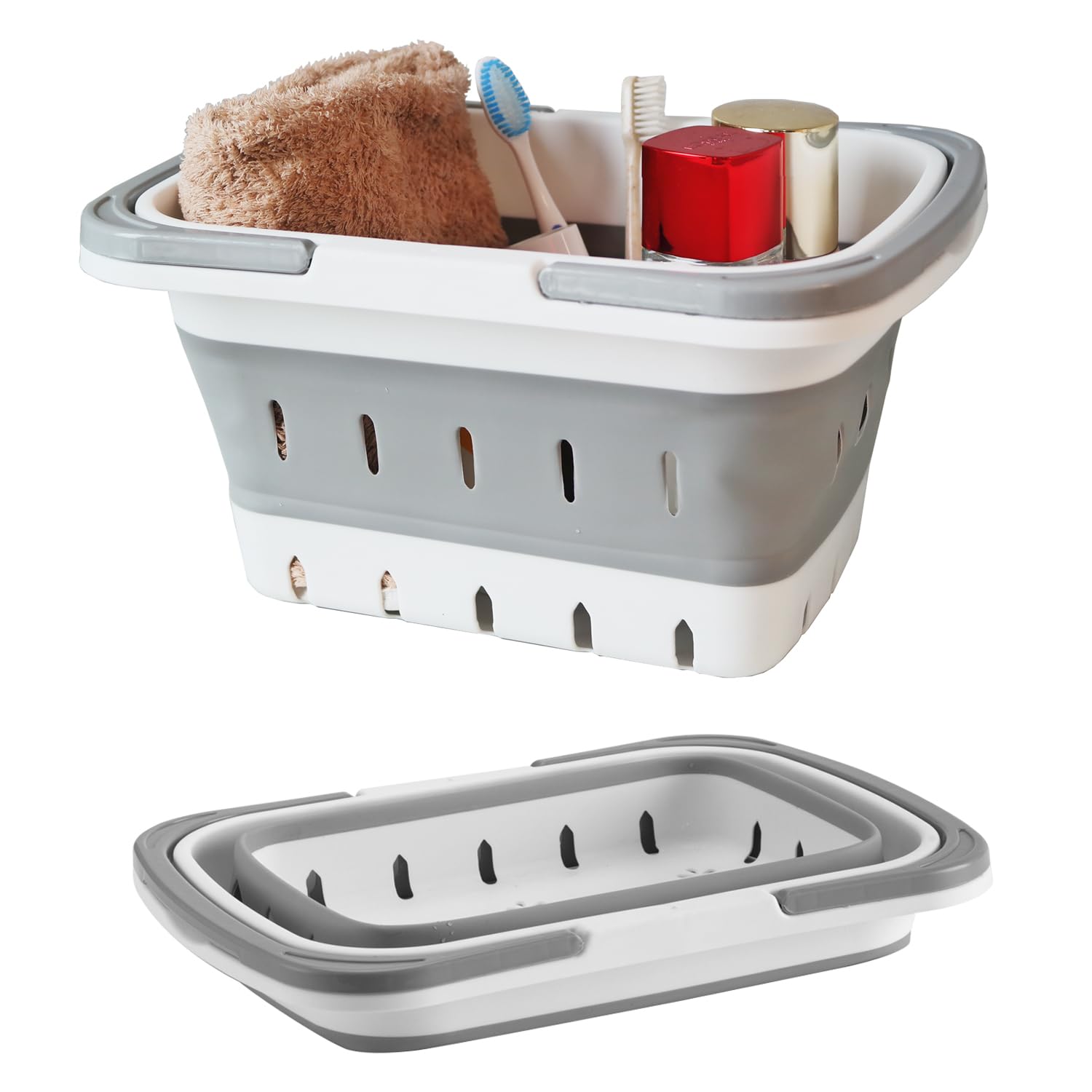 Photo 1 of MINDFARGE Portable Folding Plastic Bath Caddy with Handle, Perforated, Travel Bathroom Organizer for Bedroom, Bathroom, Shower, Dorm Room, Camping and RV Use (Grey, 1 pack)