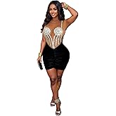 Zoctuo Sparkling Mesh Rhinestone Mini Dress for Women NYE, Christmas Party & Night Out