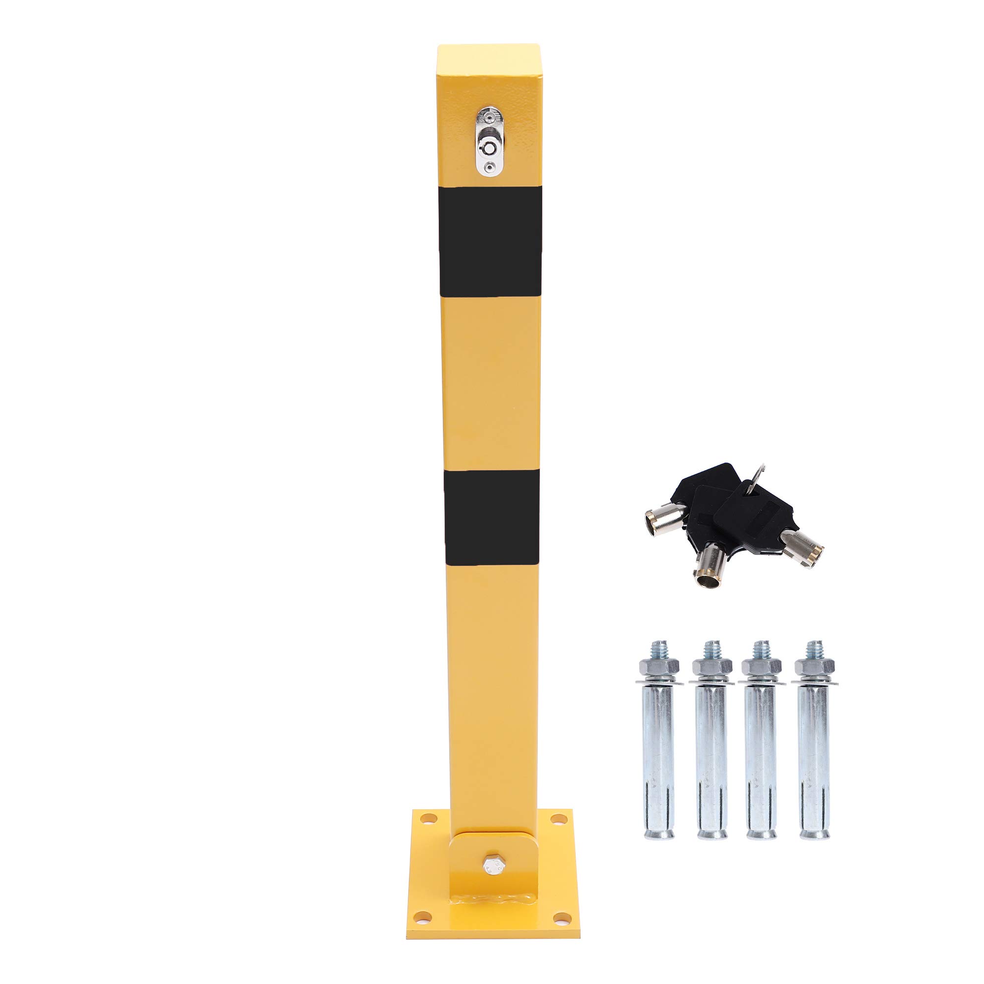 TOPWAY Car Parking Space Lock Bollard, Solid Steel Yellow and Balck Lockable Fold Down Car Parking Barrier Post, Private Car Park Driveway Guard Saver Blocker, Upper Lock, 70cm Height 161894