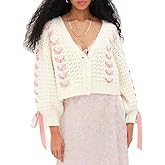 Women's Y2K Crop Cardigan Long Sleeve V-Neck Satin Ribbon Lace Up Bow Dec Sweater Pullover Button Down Knit Jumper Top