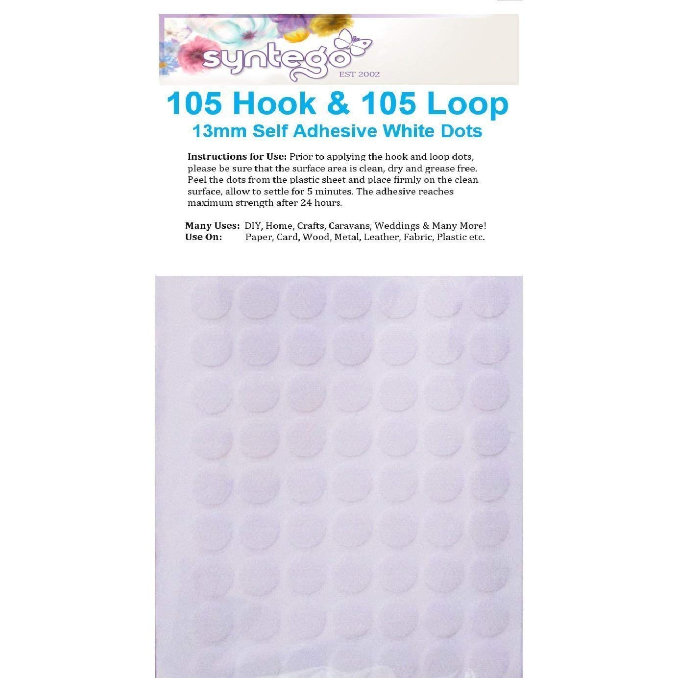 Syntego 210 x 13mm Hook and Loop Self Adhesive Dots 105 Hook & 105 Loop Fasteners (White, 1)