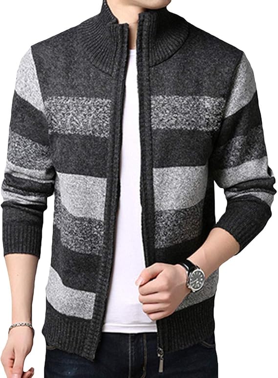 Amazon Yunclos メンズ ニットカーディガン ジャケット アウター カジュアル セーター ファスナー式 配色 ストライプ柄 立ち襟 秋 メンズファッション カーディガン 通販