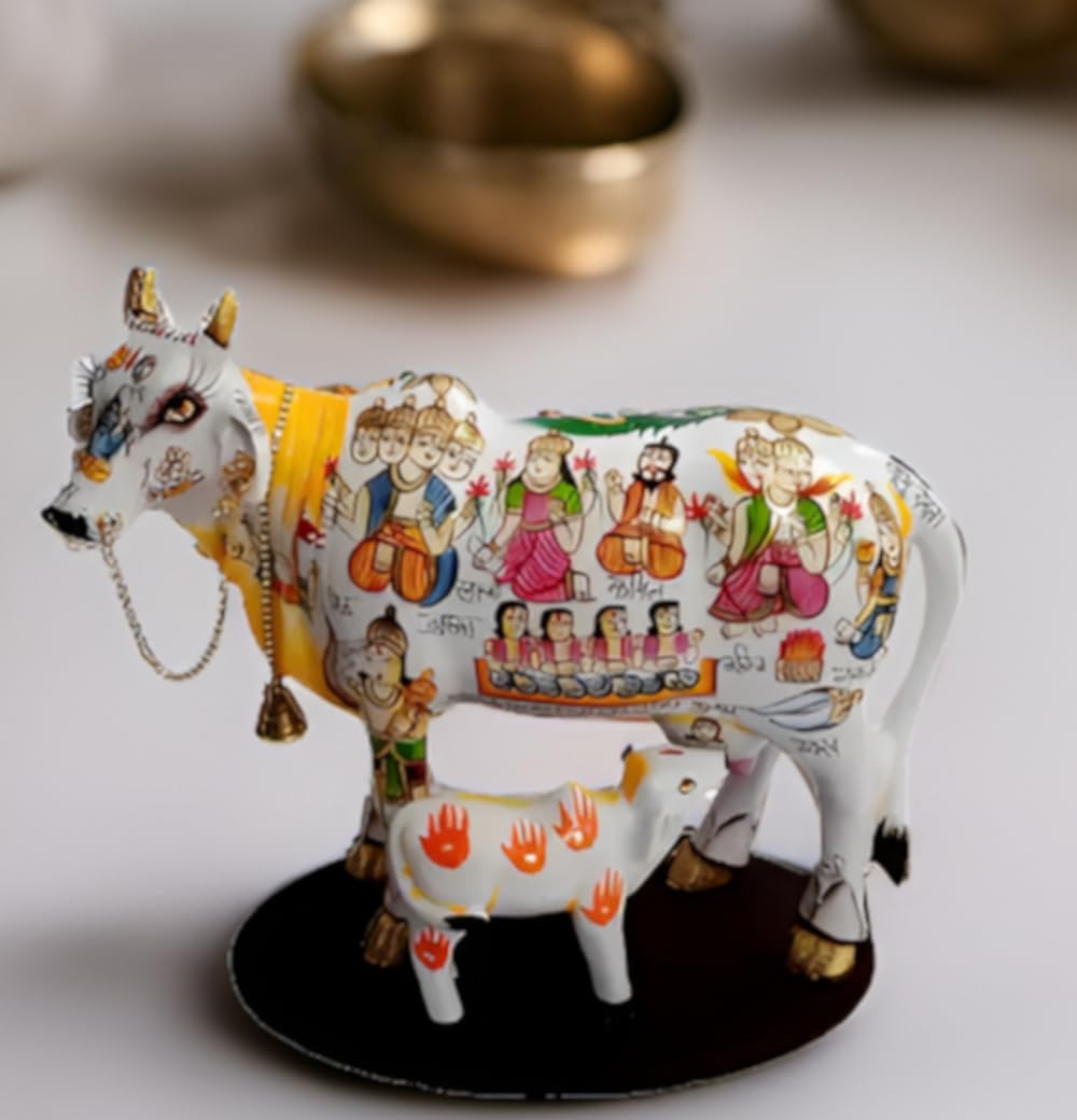 Purpledip Resin Idol Kamdhenu Wish Cow & Calf: Hindu Gods Painted Good Luck Statue (10103C)
