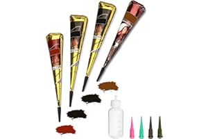 YOMAGINE Temporary Tattoos Kit, 4Pcs Semi Permanent Tattoo Paste Cones, India Body DIY Art Painting for Women Men Kids, Summer Trend Freehand Plaste with 3 Colors,20Pcs Adhesive Stencil,1Pc Bottle,4Pcs Nozzles