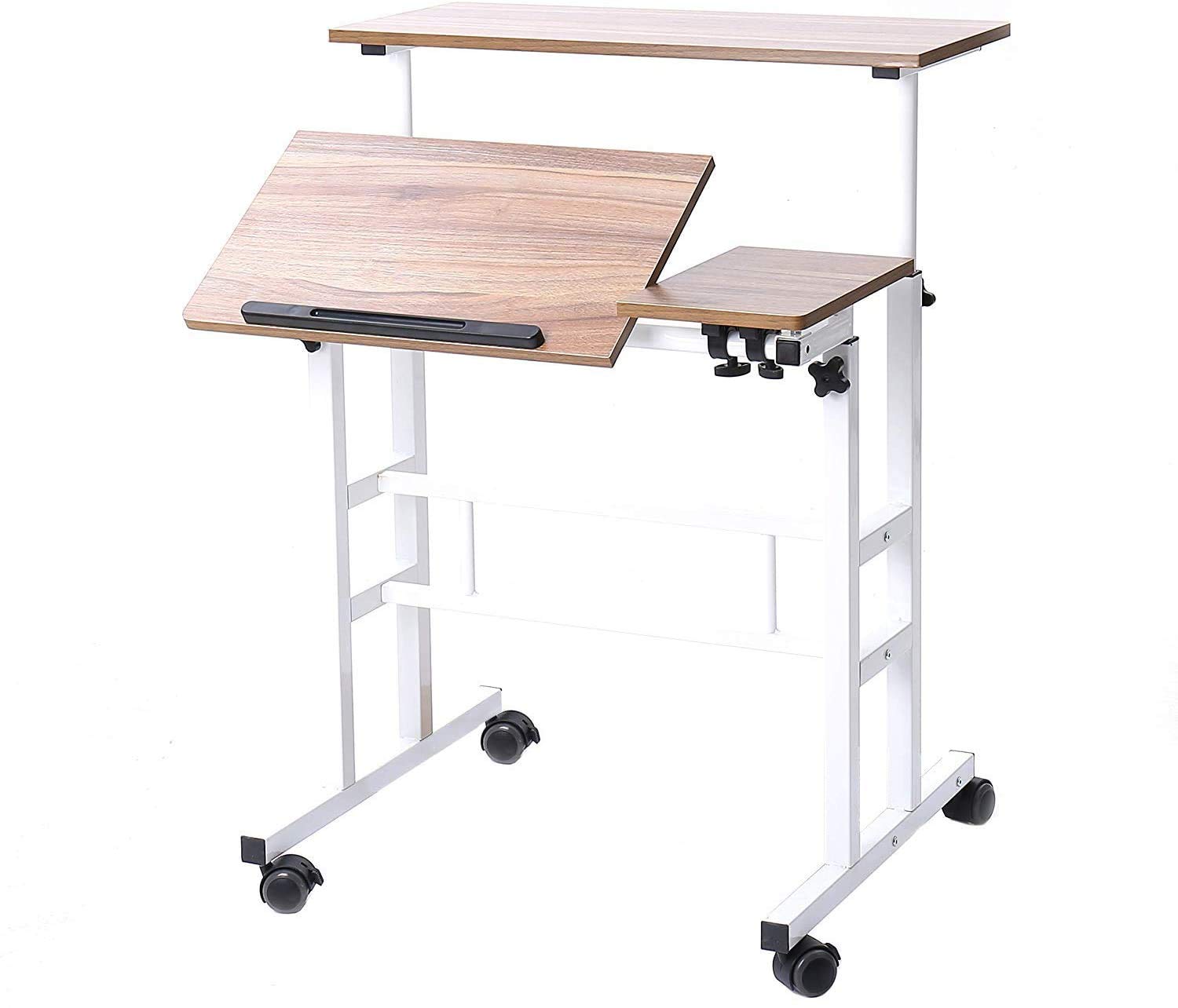 sogesfurniture Mobile Laptop Stand Desk Computer Workstation, Adjustable Notebook Cart Tray PC Table Sit-Stand Workstation with Keyboard Tray for Home Office, Oak BHEU-101-2OK