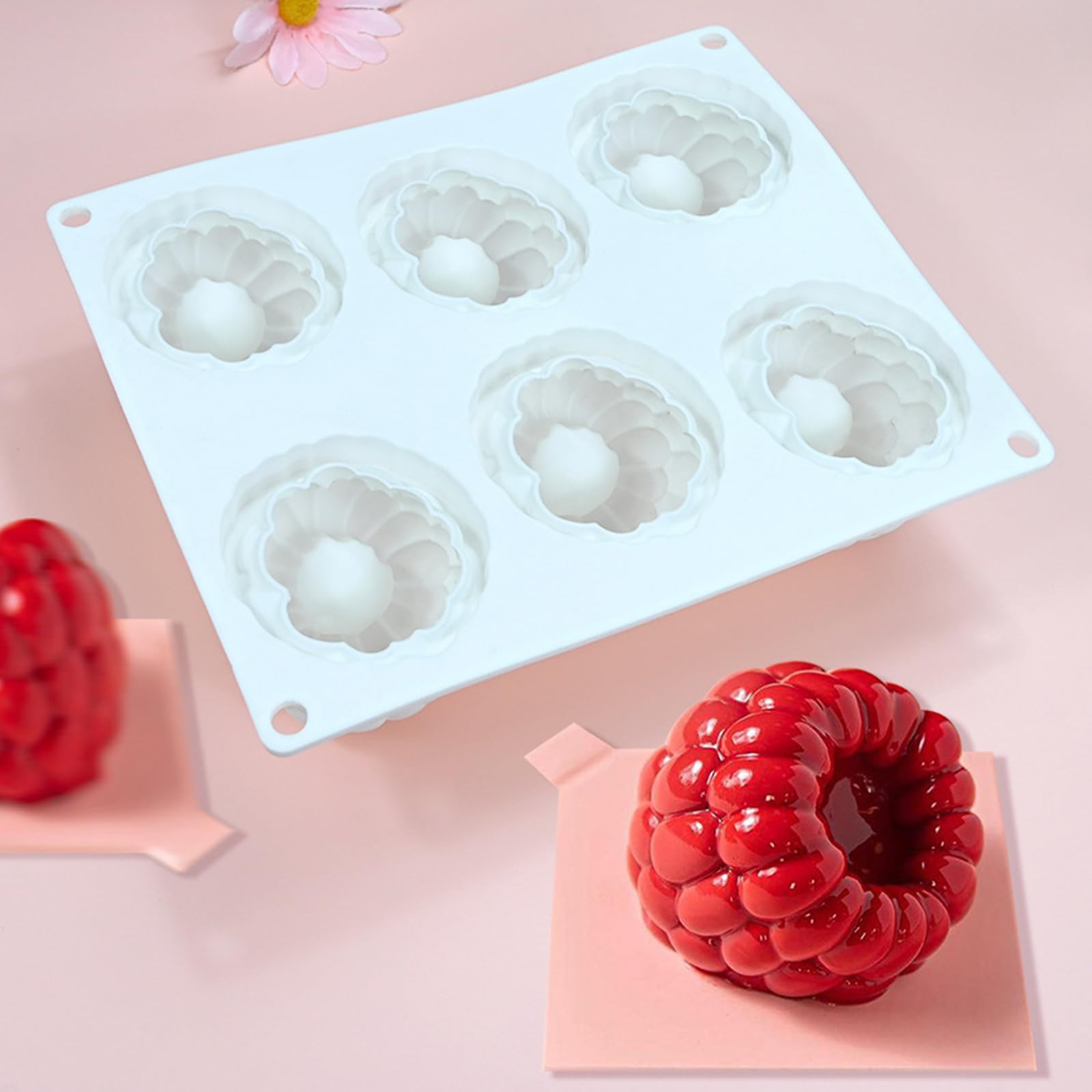 6-Cavity Raspberry Silicone Molds for Mousse Cake, Large Fluted Design, White