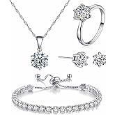 kai bao city 4pcs Set Zirconia Pendant Necklace Earrings Ring Bangle Set Silver Crystal Fashion Adjustable Zircon Jewelry for Women Wife Party Prom Engagement Wedding Gifts