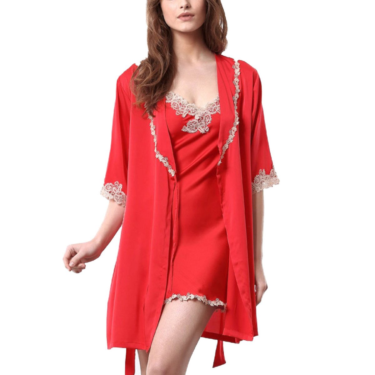 Womens Silk Sexy Nightdress Two Piece Nightgown Sets Kimono